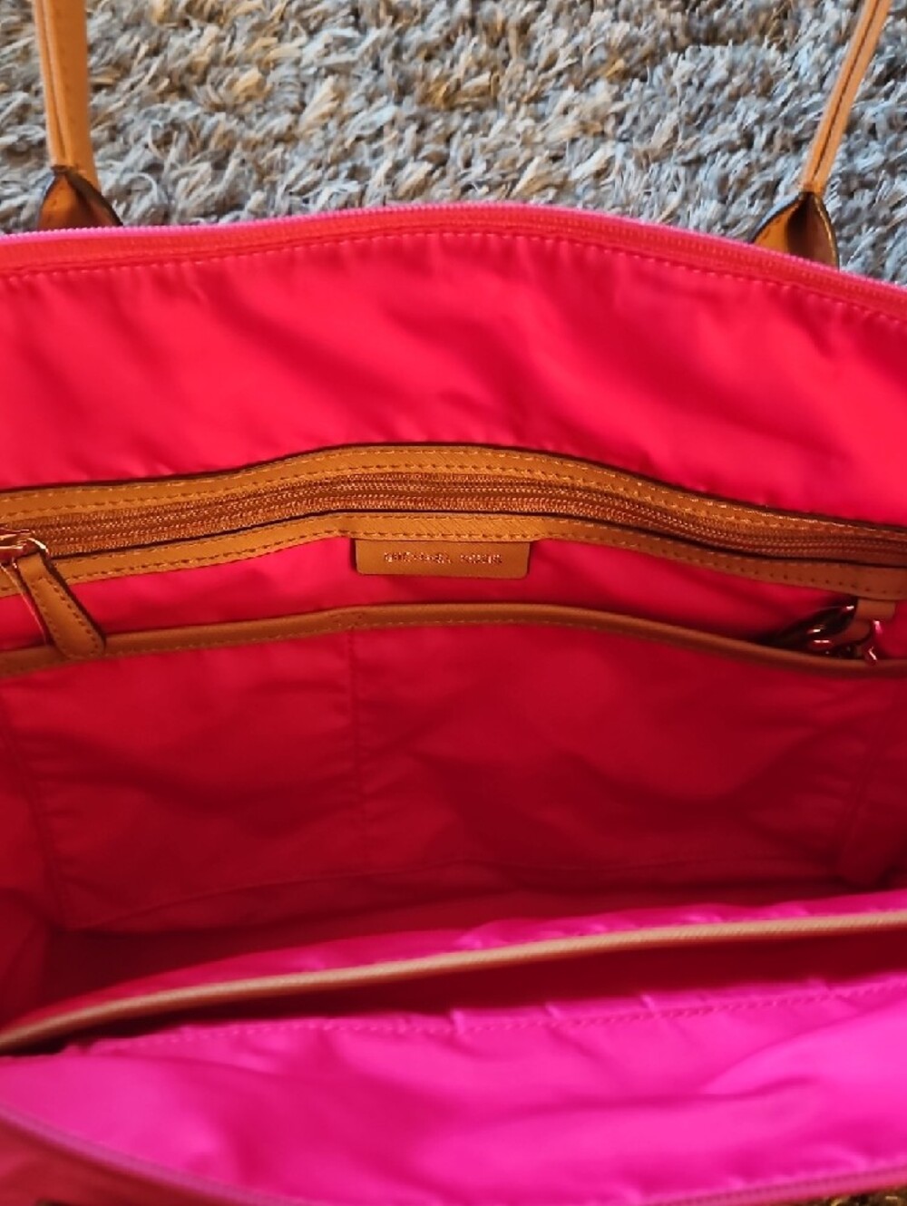 Michael Kors Hot Pink Nylon Tote with Tan Leather Handles - Picture 10 of 10